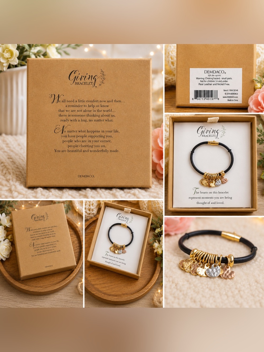 DEMDACO Giving Bracelet Leather Gold Heart Charm Bracelet Gift Box New